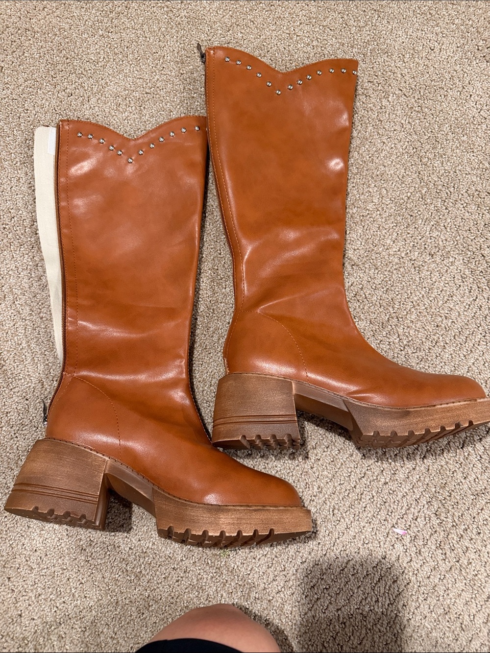 Women's Tall Brown Chunky Heel Boots with Stud Detail